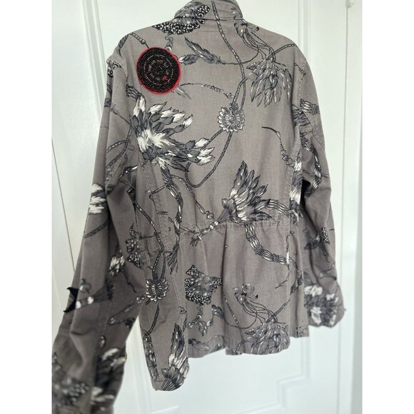 Guess Los Angeles Jacket Sz M Beaded Details Star Feather Print Drawstring Waist - Picture 5 of 16